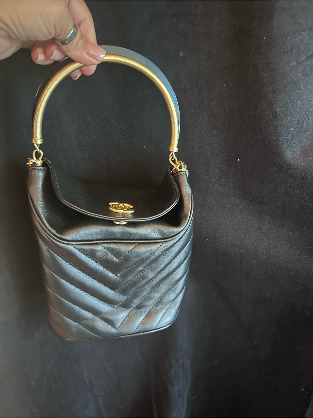 CHANEL Black Quilted Leather Top-Handle Clutch with Gold Handle